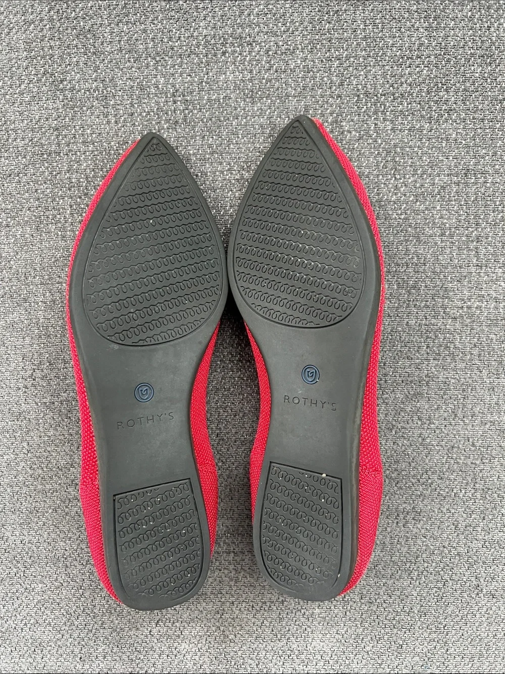 Rothy's Red Pointed Knit Flats with Blue Trim